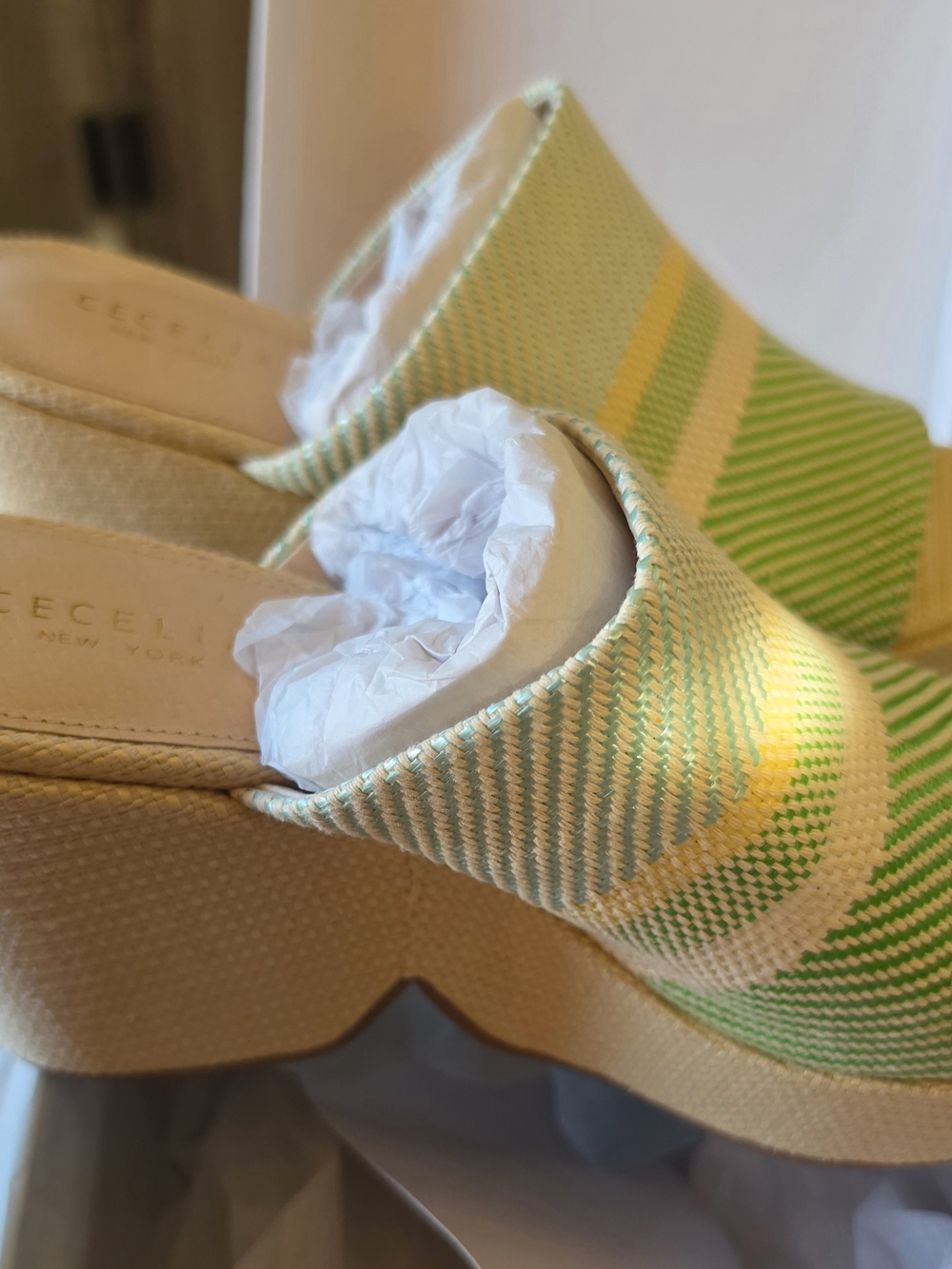 CECILIA NEW YORK Green & Yellow Woven Platform Mules